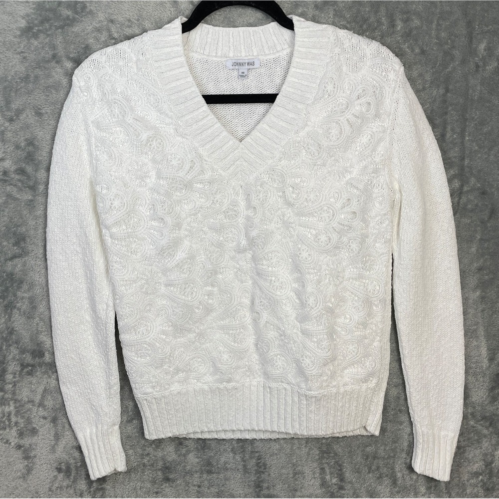 JOHNNY WAS White Textured V Neck Sweater Pullover Cotton Blend Size XS